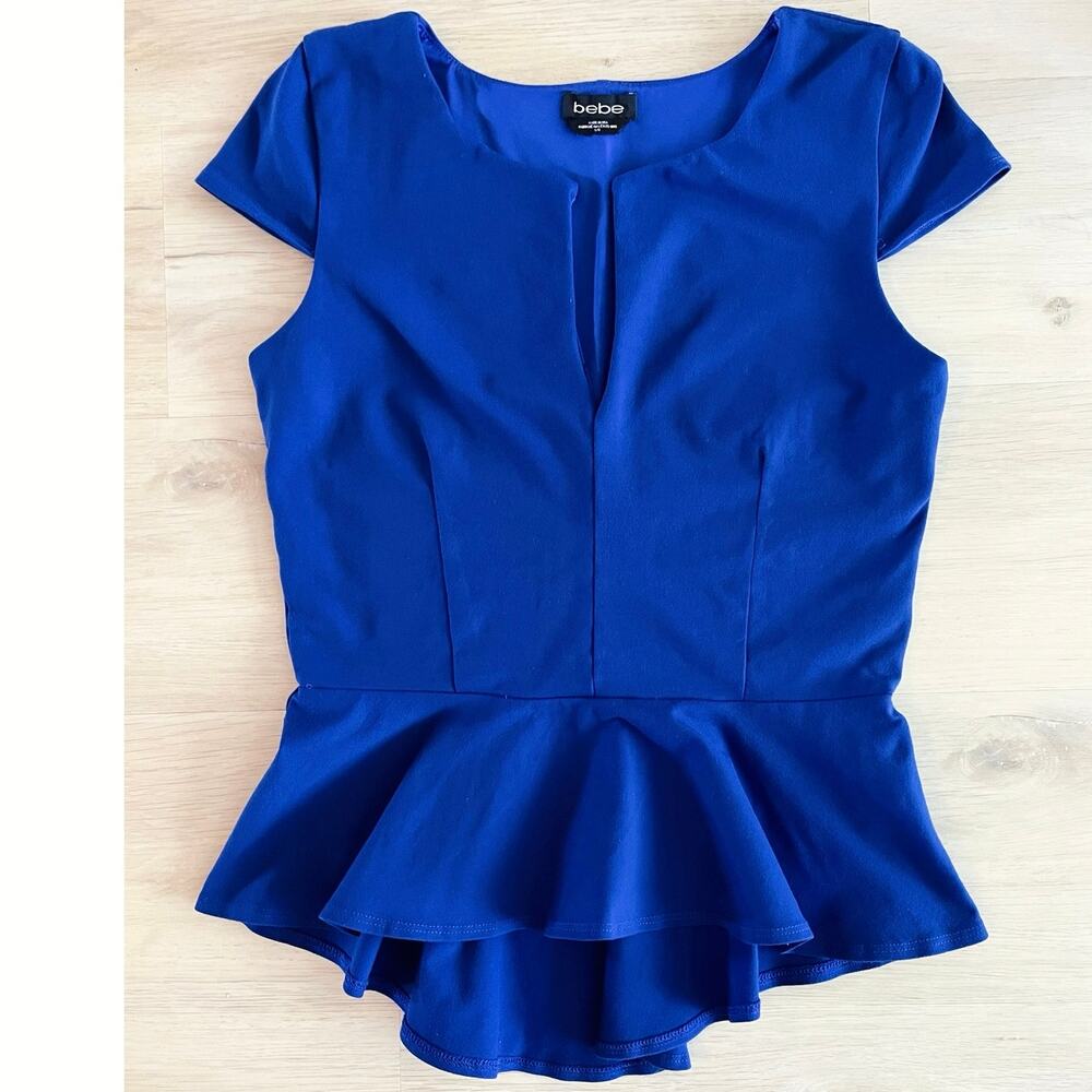 Bebe Vintage Y2K Sapphire Blue Peplum Cap Sleeve Top Girls Night Glam Size L - Picture 3 of 8